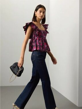 Ulla Johnson Fuchsia & Black Floral Ruffled Top